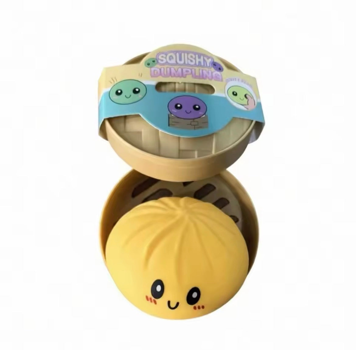 Yellow dumpling squishy with a cute face inside its open steamer box