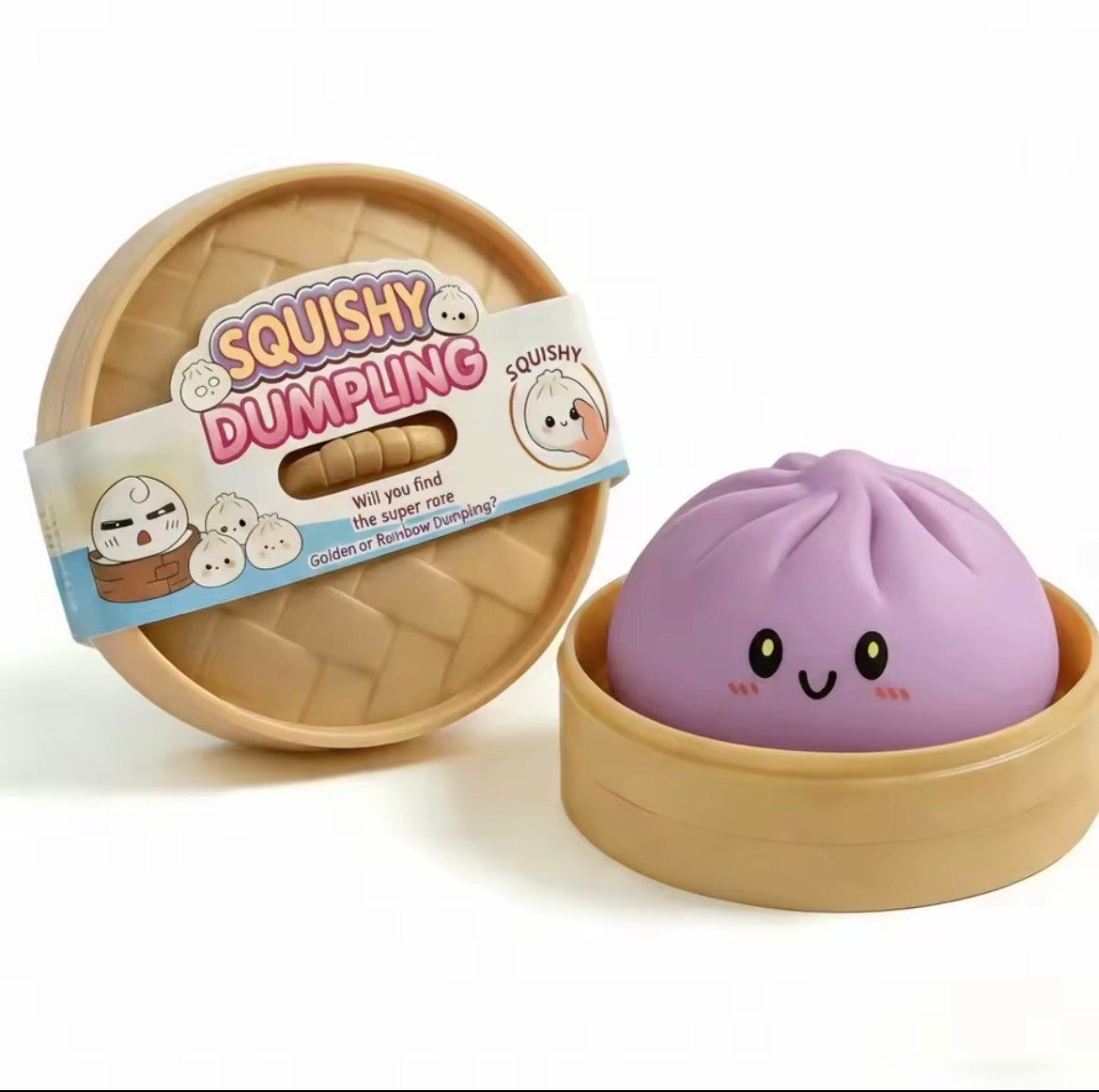 Squishoo dumpling squishy slow rise stress toy shown in its steamer