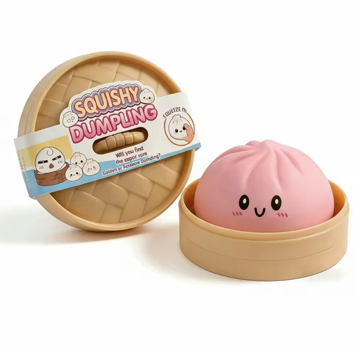 A pink squishy dumpling toy with a cute face sits in a beige round steamer basket next to its cardboard packaging, which reads 'SQUISHY DUMPLING' squishooshop