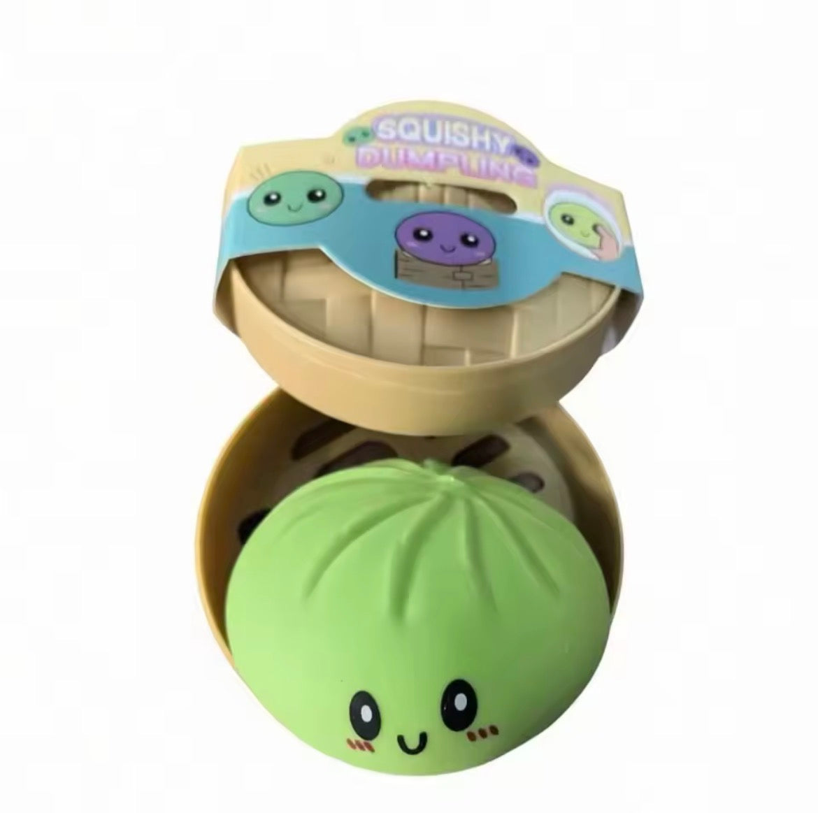 Light green dumpling squishy with a smiling face in its open steamer packaging